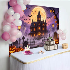 Lofaris Mystischer Halloween Spukhaus Hintergrund mit Vollmond und Fledermäusen, schaurige Fotowand für Halloween Partydekoration