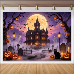 Lofaris Mystischer Halloween Spukhaus Hintergrund mit Vollmond und Fledermäusen, schaurige Fotowand für Halloween Partydekoration