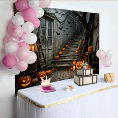 Lofaris Gruseliger Halloween Hintergrund mit leuchtenden Kürbissen und Fledermäusen, unheimliche Kulisse für Party und Fotoshooting