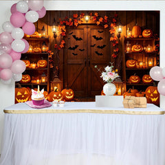 Lofaris Halloween Hintergrund mit leuchtenden Kürbissen, rustikale Fotokulisse für gruselige Partys und Herbstdeko