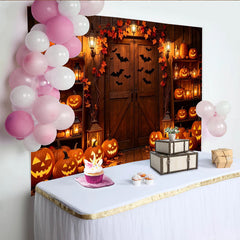 Lofaris Halloween Hintergrund mit leuchtenden Kürbissen, rustikale Fotokulisse für gruselige Partys und Herbstdeko