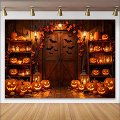 Lofaris Halloween Hintergrund mit leuchtenden Kürbissen, rustikale Fotokulisse für gruselige Partys und Herbstdeko
