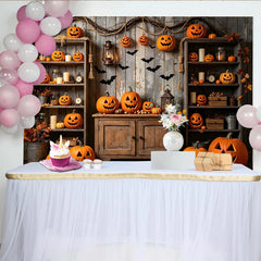 Lofaris Gruseliger Halloween-Hintergrund mit Kürbissen und Fledermäusen, herbstliche Partydekoration für Fotostudio und Event
