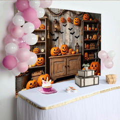 Lofaris Gruseliger Halloween-Hintergrund mit Kürbissen und Fledermäusen, herbstliche Partydekoration für Fotostudio und Event
