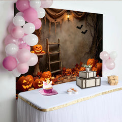 Lofaris Halloween Hintergrund mit leuchtenden Kürbissen und Fledermäusen, rustikale Herbst-Fotokulisse für gruselige Partys und Fotoshootings