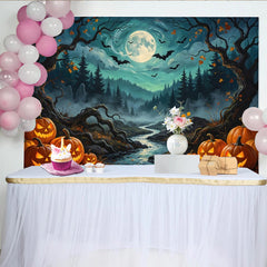 Lofaris Unheimlicher Halloween Hintergrund mit leuchtenden Kürbissen und Fledermäusen unter Vollmond, gruselige Kulisse für Partydekoration