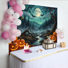 Lofaris Unheimlicher Halloween Hintergrund mit leuchtenden Kürbissen und Fledermäusen unter Vollmond, gruselige Kulisse für Partydekoration