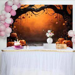 Lofaris Orangefarbener Halloween-Hintergrund mit geschnitzten Kürbissen, gruselige Kulisse für Herbstparty und Fotoshooting