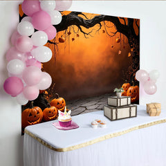 Lofaris Orangefarbener Halloween-Hintergrund mit geschnitzten Kürbissen, gruselige Kulisse für Herbstparty und Fotoshooting