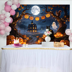 Lofaris Halloween Hintergrund mit leuchtenden Kürbissen, Spukhaus und Vollmond, perfekte Fotowand für gruselige Halloweenparty Dekoration