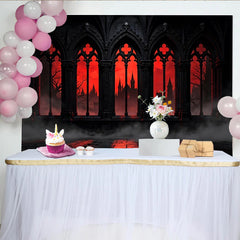 Lofaris Dunkler roter Gothic-Hintergrund mit Burg und Spitzbogenfenstern, mysteriöse Fotokulisse für Halloween und Fantasy-Events