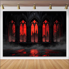 Lofaris Dunkler roter Gothic-Hintergrund mit Burg und Spitzbogenfenstern, mysteriöse Fotokulisse für Halloween und Fantasy-Events