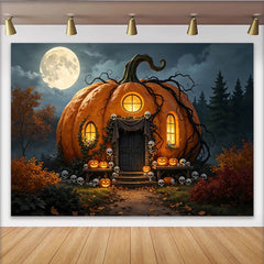 Lofaris Gruseliger Halloween Kürbis Haus Hintergrund mit Vollmond und Schädeln, mystische Kulisse für festliche Herbstdekoration