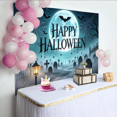 Lofaris Happy Halloween Hintergrund mit Vollmond Fledermäusen Spinnennetz Friedhof, neblige Kulisse für gruselige Halloweenparty