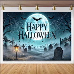 Lofaris Happy Halloween Hintergrund mit Vollmond Fledermäusen Spinnennetz Friedhof, neblige Kulisse für gruselige Halloweenparty