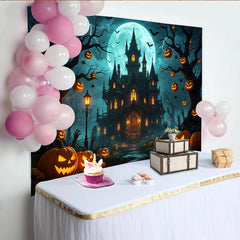 Lofaris Gruseliger Halloween-Hintergrund mit Spukhaus Kürbislaternen und Vollmond, perfekte Fotokulisse für Halloweenpartys