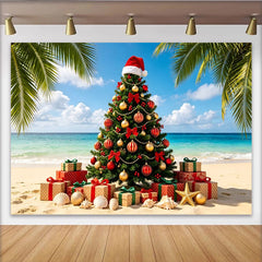 Lofaris Tropischer Weihnachtshintergrund am Strand mit Palmen und Geschenken, festliche Kulisse für Urlaubsfotoshootings und Dekoration