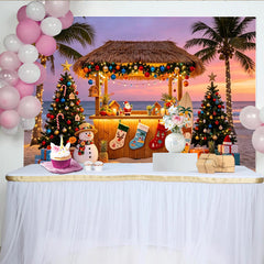 Lofaris Tropischer Strand-Weihnachts-Hintergrund mit Palmen, Schneemann und Geschenken, festliche Kulisse für Winterurlaub und Fotoshooting