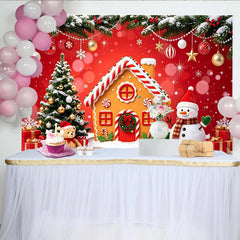 Lofaris Festlicher Weihnachtshintergrund mit Lebkuchenhaus und Schneemann, bezaubernde Kulisse für Winterfotografie und Familienfotos