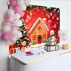 Lofaris Festlicher Weihnachtshintergrund mit Lebkuchenhaus und Schneemann, bezaubernde Kulisse für Winterfotografie und Familienfotos
