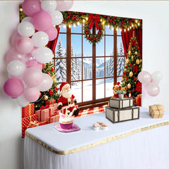 Lofaris Winterlicher Weihnachtshintergrund mit Fenster Tannenbäumen und Santa, gemütliche Kulisse für festliche Fotoshootings