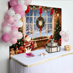 Lofaris Gemütlicher Weihnachtshintergrund mit Fenster, Weihnachtsbäumen und Geschenken, festliche Fotowand für Familienfotos