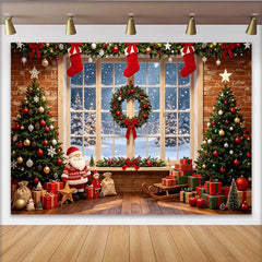 Lofaris Gemütlicher Weihnachtshintergrund mit Fenster, Weihnachtsbäumen und Geschenken, festliche Fotowand für Familienfotos