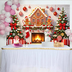 Lofaris Festlicher Lebkuchenhaus Weihnachtshintergrund mit Kamin und Bäumen, gemütliche Fotokulisse für Winterpartys und Familienfotos
