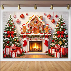 Lofaris Festlicher Lebkuchenhaus Weihnachtshintergrund mit Kamin und Bäumen, gemütliche Fotokulisse für Winterpartys und Familienfotos