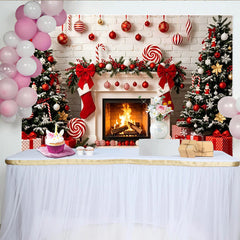 Lofaris Rot-weißer Weihnachts-Hintergrund mit Kamin, Bäumen und Geschenken, festliche Fotokulisse für Familienfeiern und Winterdekoration