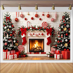 Lofaris Rot-weißer Weihnachts-Hintergrund mit Kamin, Bäumen und Geschenken, festliche Fotokulisse für Familienfeiern und Winterdekoration