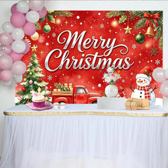 Lofaris Fröhlicher Weihnachtshintergrund mit Schneemann Weihnachtsbaum und rotem LKW, festliche Kulisse für Winter Fotografie Dekoration