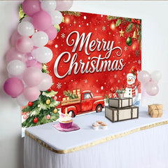 Lofaris Fröhlicher Weihnachtshintergrund mit Schneemann Weihnachtsbaum und rotem LKW, festliche Kulisse für Winter Fotografie Dekoration