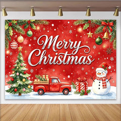 Lofaris Fröhlicher Weihnachtshintergrund mit Schneemann Weihnachtsbaum und rotem LKW, festliche Kulisse für Winter Fotografie Dekoration