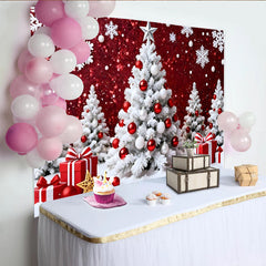 Lofaris Rot weißer Weihnachtshintergrund mit Schneeflocken und Geschenken, winterliche Fotowand für festliche Partydekoration