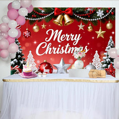 Lofaris Roter Merry Christmas Weihnachtshintergrund mit Tannenbäumen und Glocken, festliche Fotowand für Weihnachtsfeier Dekoration