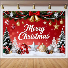 Lofaris Roter Merry Christmas Weihnachtshintergrund mit Tannenbäumen und Glocken, festliche Fotowand für Weihnachtsfeier Dekoration