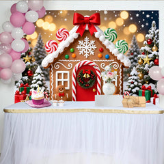Lofaris Festlicher Lebkuchenhaus-Weihnachtshintergrund mit Schnee und Zuckerstangen, winterliche Kulisse für Familienfotos und Partys
