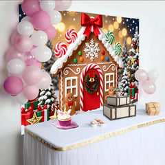 Lofaris Festlicher Lebkuchenhaus-Weihnachtshintergrund mit Schnee und Zuckerstangen, winterliche Kulisse für Familienfotos und Partys