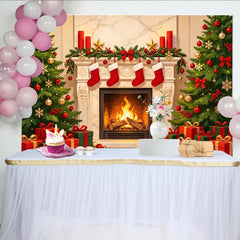 Lofaris Festlicher Weihnachtshintergrund mit Kamin und geschmückten Bäumen, gemütliche Kulisse für festliche Fotoshootings und Dekoration