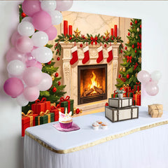 Lofaris Festlicher Weihnachtshintergrund mit Kamin und geschmückten Bäumen, gemütliche Kulisse für festliche Fotoshootings und Dekoration