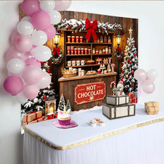 Lofaris Weihnachtshintergrund Hot Chocolate Stand mit verschneiten Bäumen, gemütliche Winterkulisse für festliche Fotoshootings und Partys