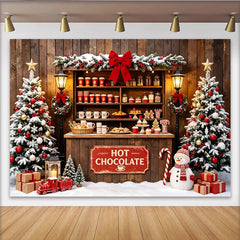 Lofaris Weihnachtshintergrund Hot Chocolate Stand mit verschneiten Bäumen, gemütliche Winterkulisse für festliche Fotoshootings und Partys