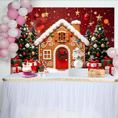 Lofaris Festlicher Lebkuchenhaus Weihnachtshintergrund mit Tannenbäumen und Geschenken, winterliche Kulisse für Feiertagsfotos