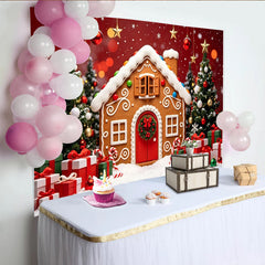 Lofaris Festlicher Lebkuchenhaus Weihnachtshintergrund mit Tannenbäumen und Geschenken, winterliche Kulisse für Feiertagsfotos