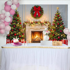 Lofaris Festlicher Weihnachtshintergrund mit Kamin und geschmückten Bäumen, elegante Kulisse für Familienfotos und Winterdekoration