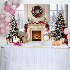 Lofaris Festlicher Weihnachtshintergrund mit Kamin und verschneiten Bäumen, elegante Winterkulisse für Familienfotos und Events