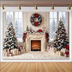 Lofaris Festlicher Weihnachtshintergrund mit Kamin und verschneiten Bäumen, elegante Winterkulisse für Familienfotos und Events