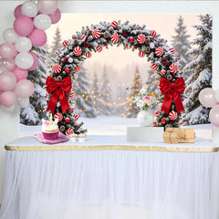 Lofaris Winterlicher Weihnachtsbogen Hintergrund mit Schnee Tannenbäumen roten Schleifen und Zuckerstangen-Kugeln, Kulisse für Fotoshootings