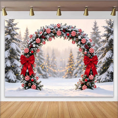 Lofaris Winterlicher Weihnachtsbogen Hintergrund mit Schnee Tannenbäumen roten Schleifen und Zuckerstangen-Kugeln, Kulisse für Fotoshootings